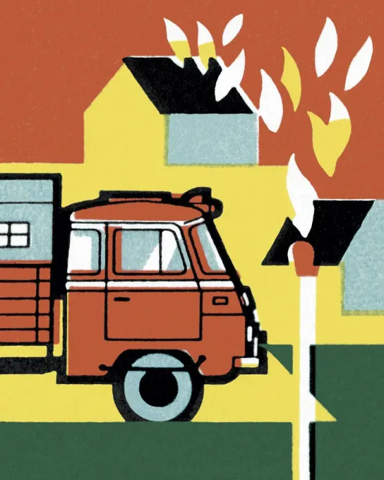 Framed Print : Firetruck and House on Fire Framed Print : Firetruck and House on Fire