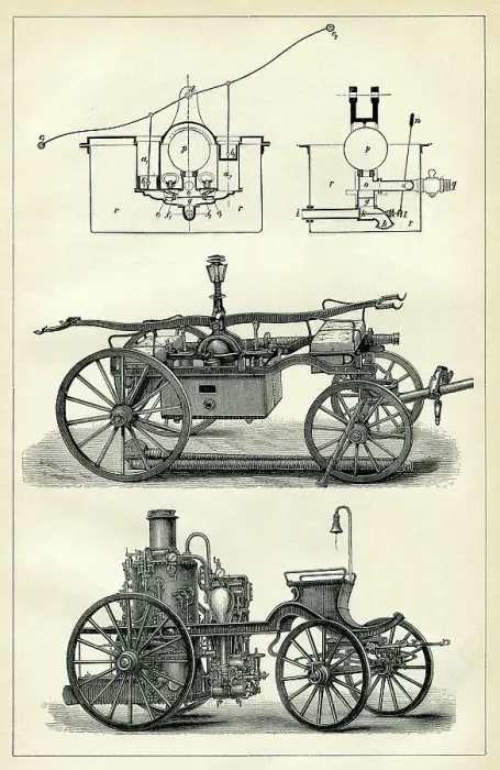 Framed Print : Fireworker extinguishing water pump cart 1898 Framed Print : Fireworker extinguishing water pump cart 1898