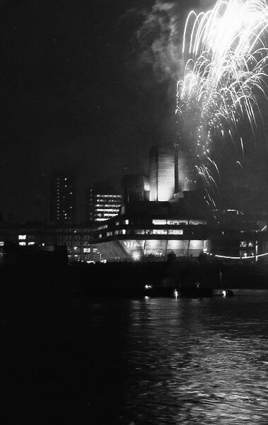 Fireworks. 1st October 1976: Fireworks over the National Theatre and the Thames, London