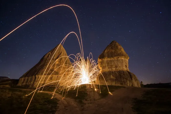Framed Print : Fireworks in a sculpture rock landscape Framed Print : Fireworks in a sculpture rock landscape