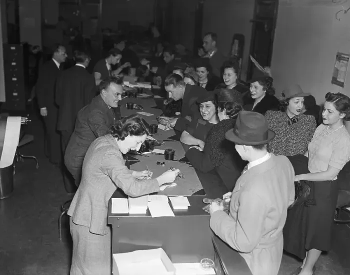 Framed Print : First Applicants of Social Security Benefits Framed Print : First Applicants of Social Security Benefits