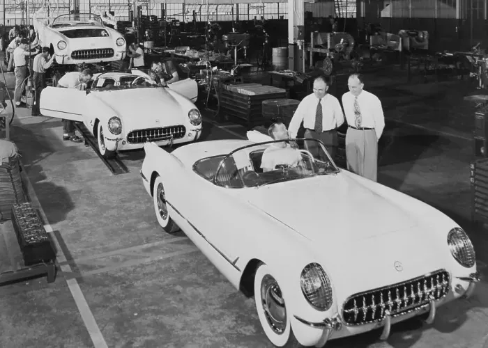 Framed Print : First Corvettes Rolling Off Assembly Line