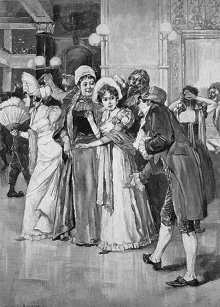 At the first costume ball, young girls are at a costume party for the first time, man asks for a dance, 1876, Germany, Historic, digital reproduction of an original 19th century original
