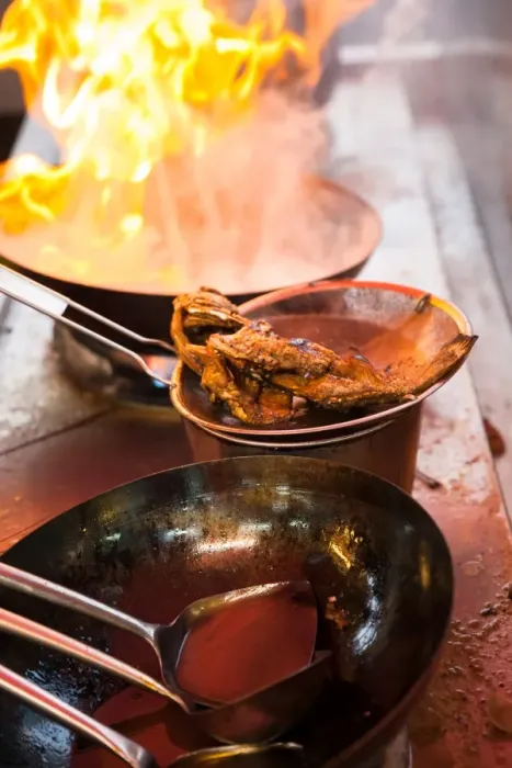 Framed Print : Fish deep-fried in asian wok on the street food stall, Penang, Malaysia Framed Print : Fish deep-fried in asian wok on the street food stall, Penang, Malaysia