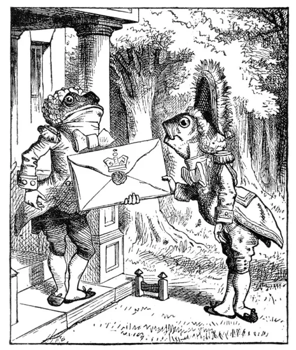 Framed Print : Fish delivering a letter to a frog - Alice in Wonderland 1897