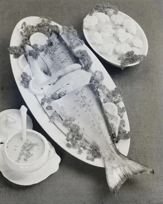 Framed Print : Fish garnished with lemon and coriander in plate, close-up Framed Print : Fish garnished with lemon and coriander in plate, close-up