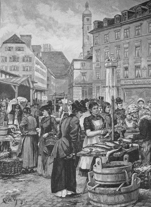 Framed Print : The Fish Market in Munich, 1890, Germany, Historic, digital reproduction of an original 19th-century image Framed Print : The Fish Market in Munich, 1890, Germany, Historic, digital reproduction of an original 19th-century image