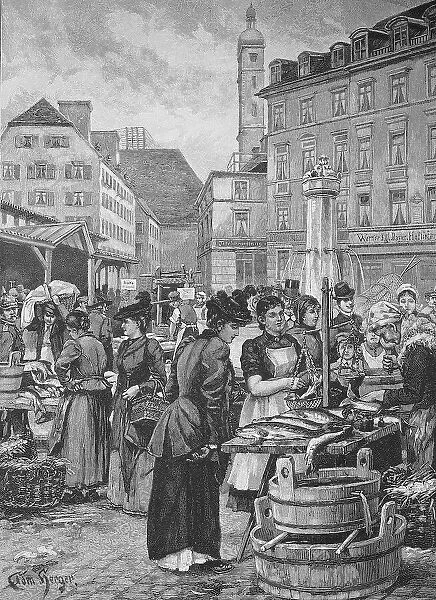 The Fish Market in Munich, 1890, Germany, Historic, digital reproduction of an original 19th-century image