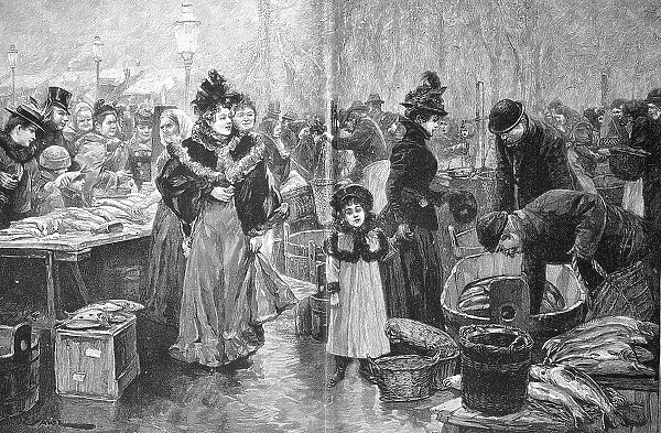 Fish market in Vienna, traders and customers of a market scene, 1885, digitally restored reproduction of an original 19th century painting, Austria