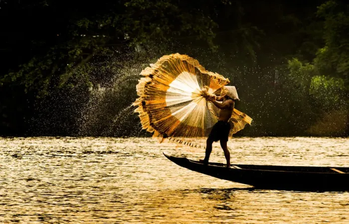 Framed Print : Fisherman catch fish in the river in Hue, Vietnam Framed Print : Fisherman catch fish in the river in Hue, Vietnam