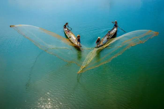 Framed Print : Fishermen throw fishing net on boats to catch fish in Hue, Vietnam Framed Print : Fishermen throw fishing net on boats to catch fish in Hue, Vietnam