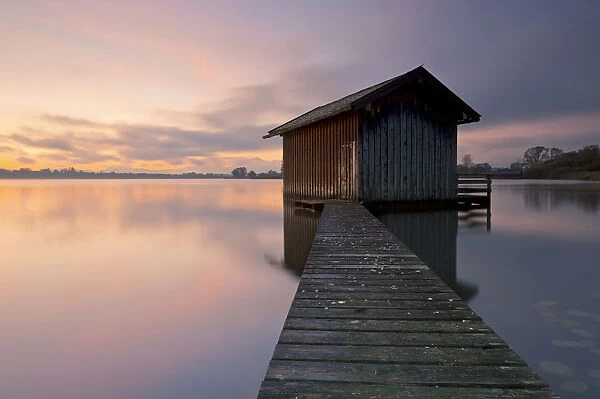 Fishermens hut on Chiemsee Lake at dawn, Bavaria, Germany, Europe, PublicGround