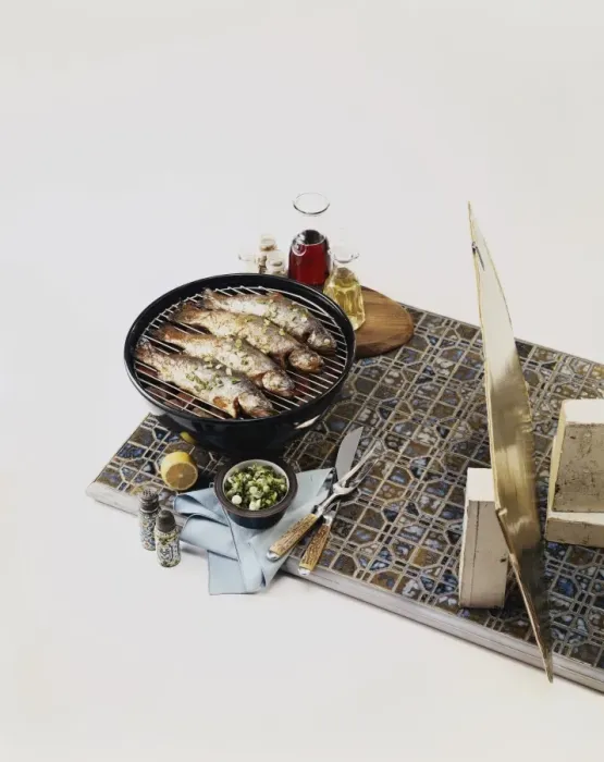 Framed Print : Fishes on barbecue grill against white background Framed Print : Fishes on barbecue grill against white background