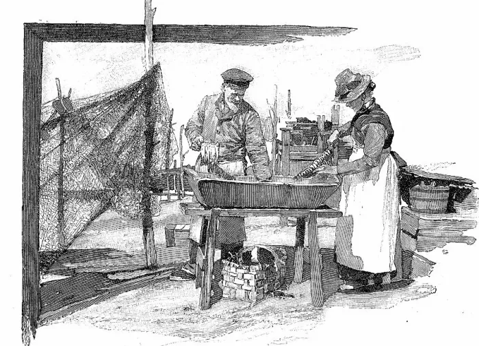Framed Print : Fishing, processing fish, washing and gutting herrings, 1880, Kiel, Germany, digitally restored reproduction of a 19th century original, exact original date unknown Framed Print : Fishing, processing fish, washing and gutting herrings, 1880, Kiel, Germany, digitally restored reproduction of a 19th century original, exact original date unknown