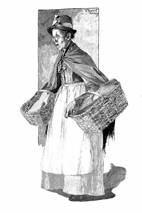 Framed Print : Fishmonger with two baskets, 1880, in Kiel, Germany, Historic, digitally restored reproduction of a 19th century original, exact original date unknown