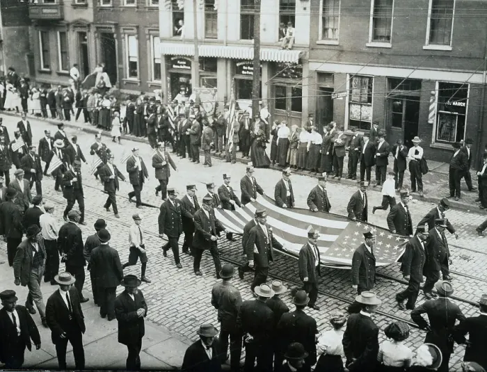 Framed Print : Flag Bearing Street Car Workers Protesting on Strike Framed Print : Flag Bearing Street Car Workers Protesting on Strike