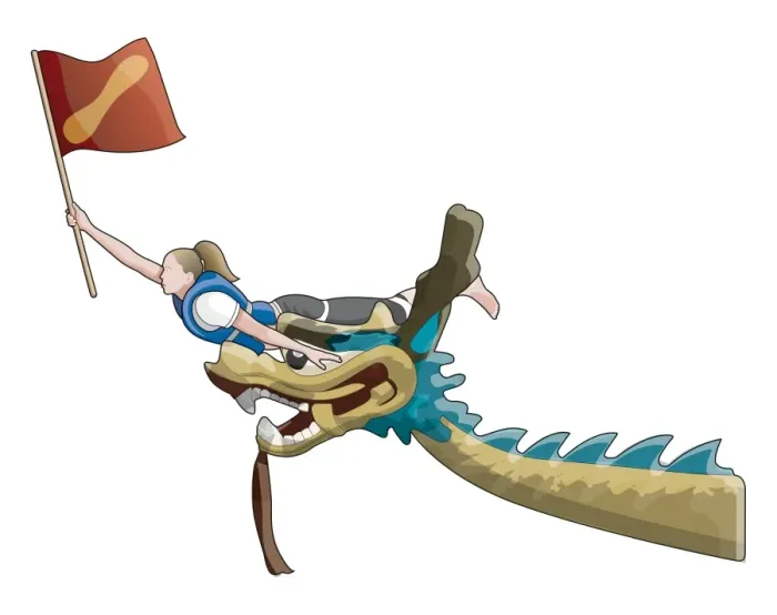 Framed Print : Flag puller holding flag, on top of dragons head at front of dragon boat