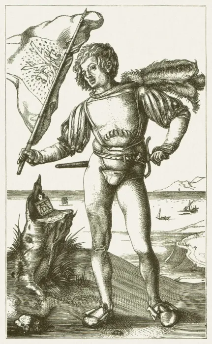 Framed Print : Flag-waver from the lansquenets (c. 1500), by Albrecht DAOErer, published 1881 Framed Print : Flag-waver from the lansquenets (c. 1500), by Albrecht DAOErer, published 1881