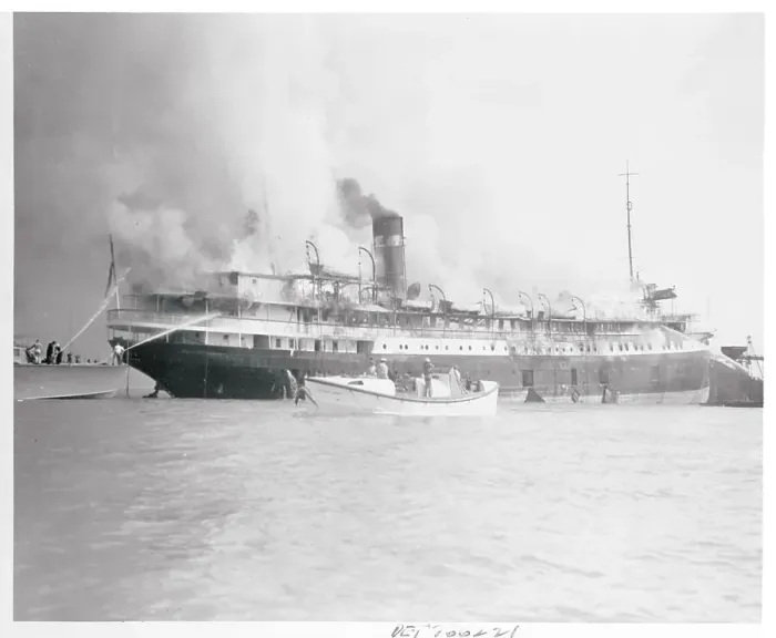Framed Print : Flames Engulfing the SS Hamonic Framed Print : Flames Engulfing the SS Hamonic