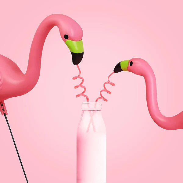 Two flamingos drinking from straws in a bottle