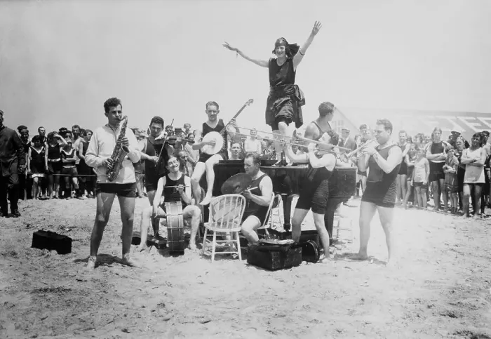 Framed Print : Flapper Dancing on Jazz Band's Piano at Brighton Beach Framed Print : Flapper Dancing on Jazz Band's Piano at Brighton Beach