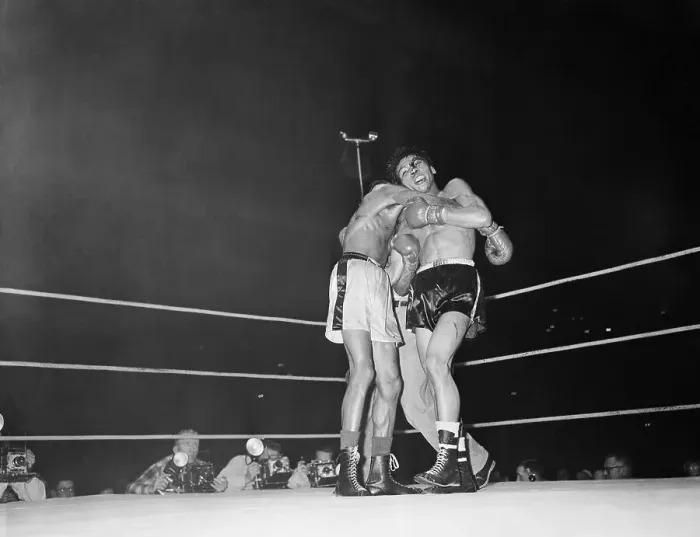 Framed Print : Flash Elorde Holding Onto Sandy Saddler Framed Print : Flash Elorde Holding Onto Sandy Saddler