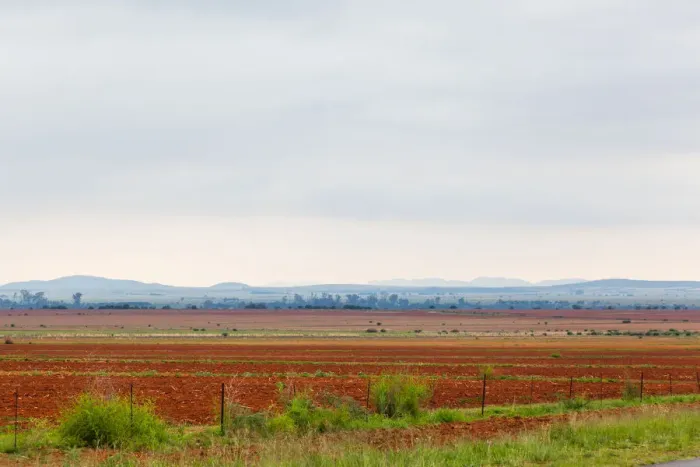 Framed Print : The flat landscape and very red soil farmlands of the Free state, very near to Parys