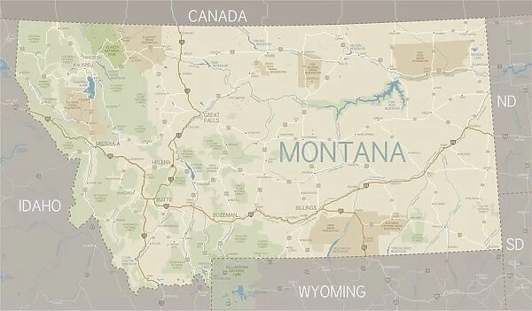 A flat Montana state map and surroundings
