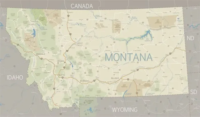 Framed Print : A flat Montana state map and surroundings Framed Print : A flat Montana state map and surroundings