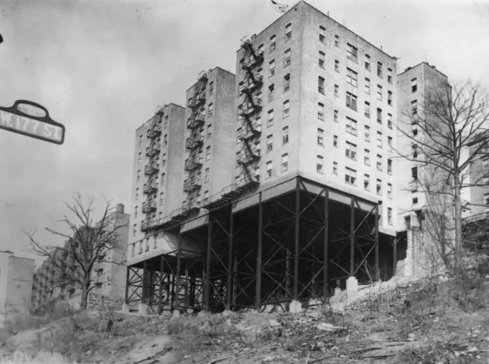 Framed Print : US Flats. April 1926: New housing in New York is constructed on stilts Framed Print : US Flats. April 1926: New housing in New York is constructed on stilts
