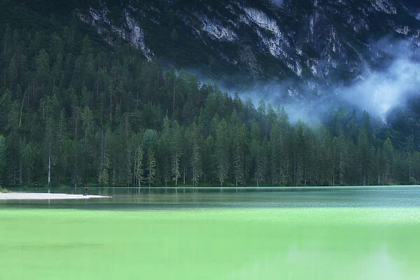 Flatwater of Lago di Landro with a misty forest, Dolomites
