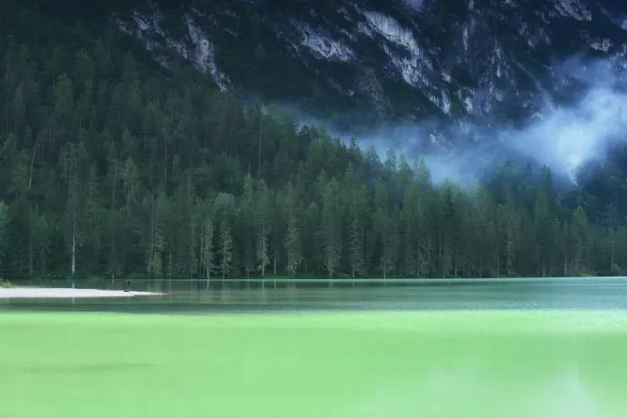 Framed Print : Flatwater of Lago di Landro with a misty forest, Dolomites Framed Print : Flatwater of Lago di Landro with a misty forest, Dolomites