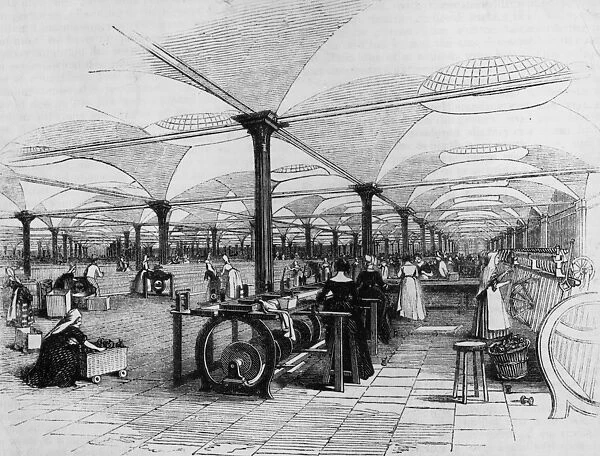 Flax Mill. circa 1860: The interior of Marshalls flax mill in Leeds with