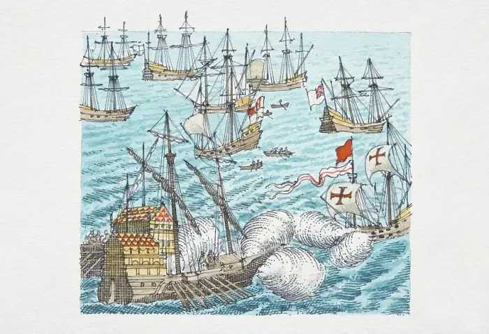Framed Print : Fleet of English ships at sea lighting warning beacons