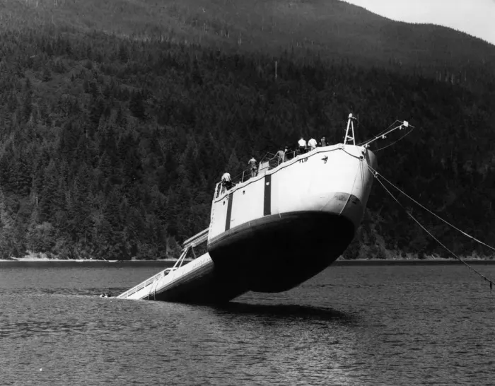 Framed Print : Flip Ship. circa 1960: A US Navy research ship designed to flip Framed Print : Flip Ship. circa 1960: A US Navy research ship designed to flip