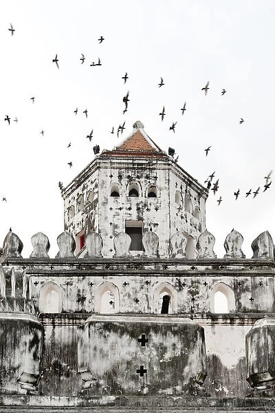 Flock of pigeons fly past a fort