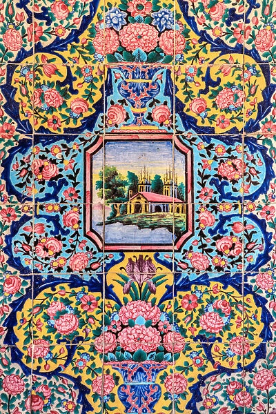 Floral decoration, painted tiles, Nasir al-Mulk Mosque, Shiraz, Fars Province, Iran