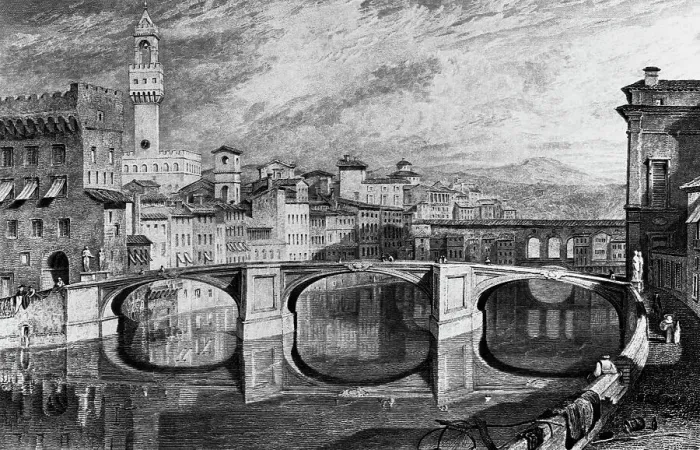 Framed Print : Florence, Italy: The Ponte Vecchio. Undated. Drawn by J.M.W. Turner. R.A. from a finished sketch by James Iiakewill. Engraved by S. Rawle Framed Print : Florence, Italy: The Ponte Vecchio. Undated. Drawn by J.M.W. Turner. R.A. from a finished sketch by James Iiakewill. Engraved by S. Rawle
