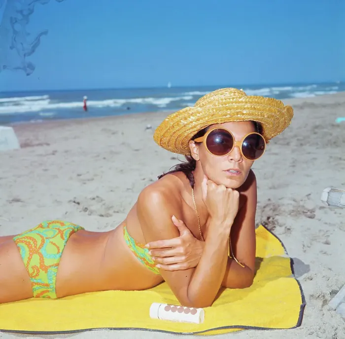 Framed Print : Florinda Bolkan Lying on Yellow Beach Towel Framed Print : Florinda Bolkan Lying on Yellow Beach Towel