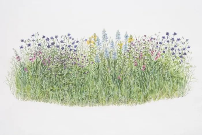 Framed Print : Flower border, including Aquilegia vulgaris or Columbine, Gladiolus byzantinus, Geranium phaeum or Mourning Widow, Camassia leichtlinii or Quamash, Oenothera biennis or Evening Primrose Framed Print : Flower border, including Aquilegia vulgaris or Columbine, Gladiolus byzantinus, Geranium phaeum or Mourning Widow, Camassia leichtlinii or Quamash, Oenothera biennis or Evening Primrose