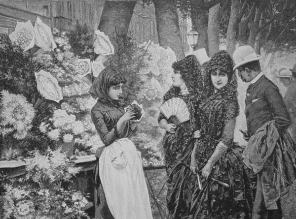 Flower market in May in Barcelona, Spain, Historic, digital reproduction of an original 19th-century image
