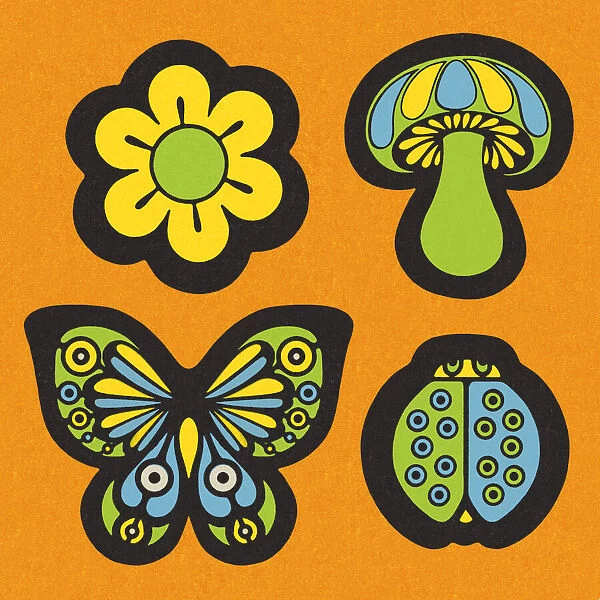 Flower, Mushroom, Butterfly, and Ladybug