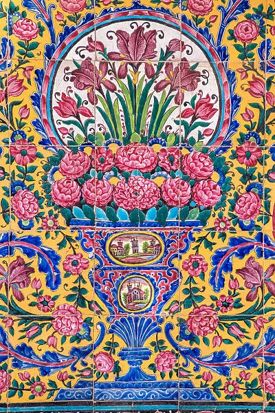 Flower pot, painted tiles, Nasir al-Mulk Mosque, Shiraz, Fars Province, Iran
