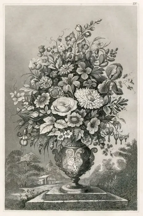 Framed Print : Flower vase engraving 1873