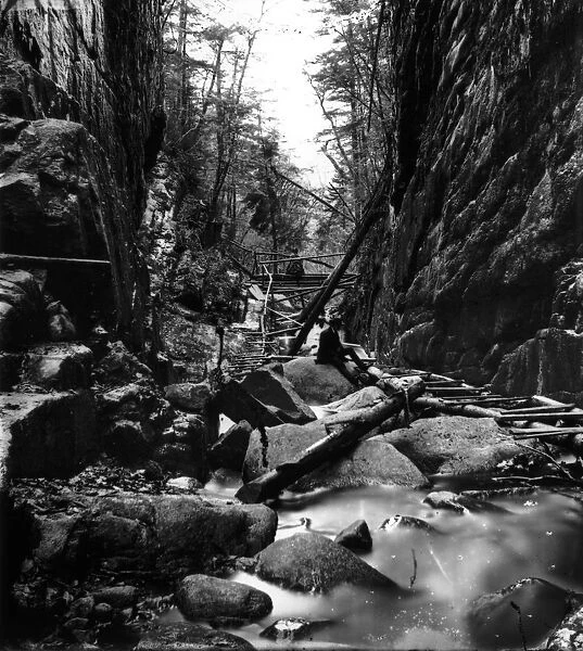 The Flume. 1859: A gorge known as The Flume in Franconia Notch