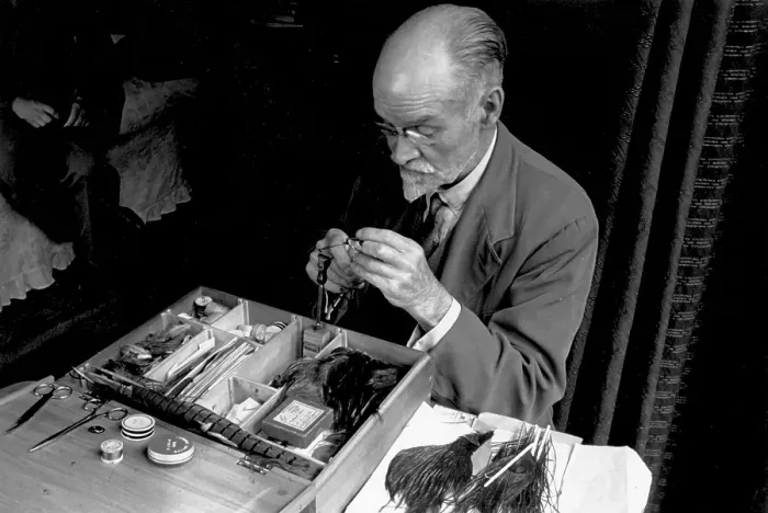 Framed Print : Fly Tying. 29th April 1944: A man making artificial flies for trout fishing Framed Print : Fly Tying. 29th April 1944: A man making artificial flies for trout fishing