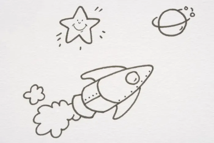 Framed Print : Flying rocket leaving trail of smoke behind, star with smiley face and planet with gas ring Framed Print : Flying rocket leaving trail of smoke behind, star with smiley face and planet with gas ring