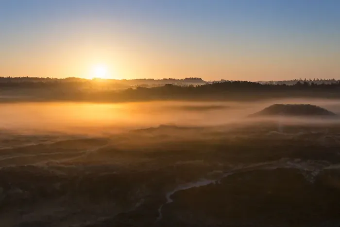 Framed Print : Fog over dunes and heathland at sunrise, Henne, Region of Southern Denmark, Denmark
