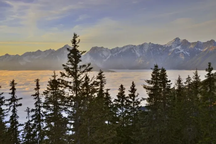 Framed Print : Fog over the Inn Valley, Karwendel Mountains at the back, at sunset, from Loassattel, Schwaz, Tyrol, Austria Framed Print : Fog over the Inn Valley, Karwendel Mountains at the back, at sunset, from Loassattel, Schwaz, Tyrol, Austria
