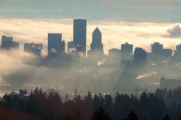 Fog Over Portland Oregon Downtown